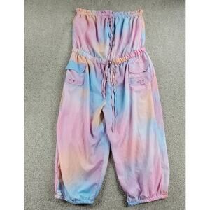 Thread Story Womens Capri Strapless Jumpsuit 2X Pink Blue Tie Dye Rainbow NEW
